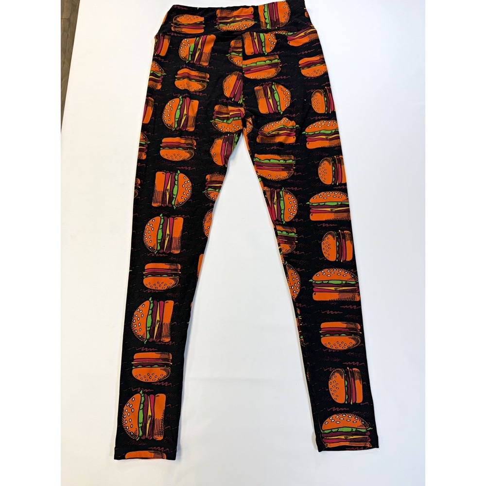 LuLaRoe One Size High Rise Ankle Leggings Stretch Burger Print Black